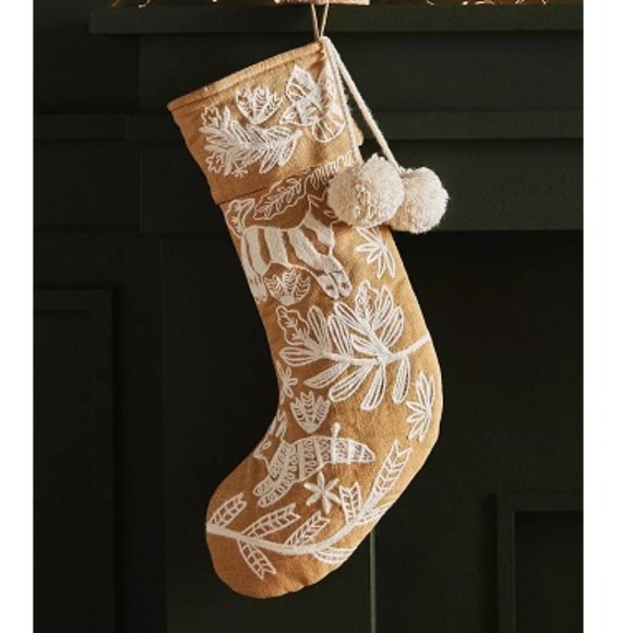 Anthropologie Forage Embroidered Pom Pom Stocking NEW Woodland Boho Christmas